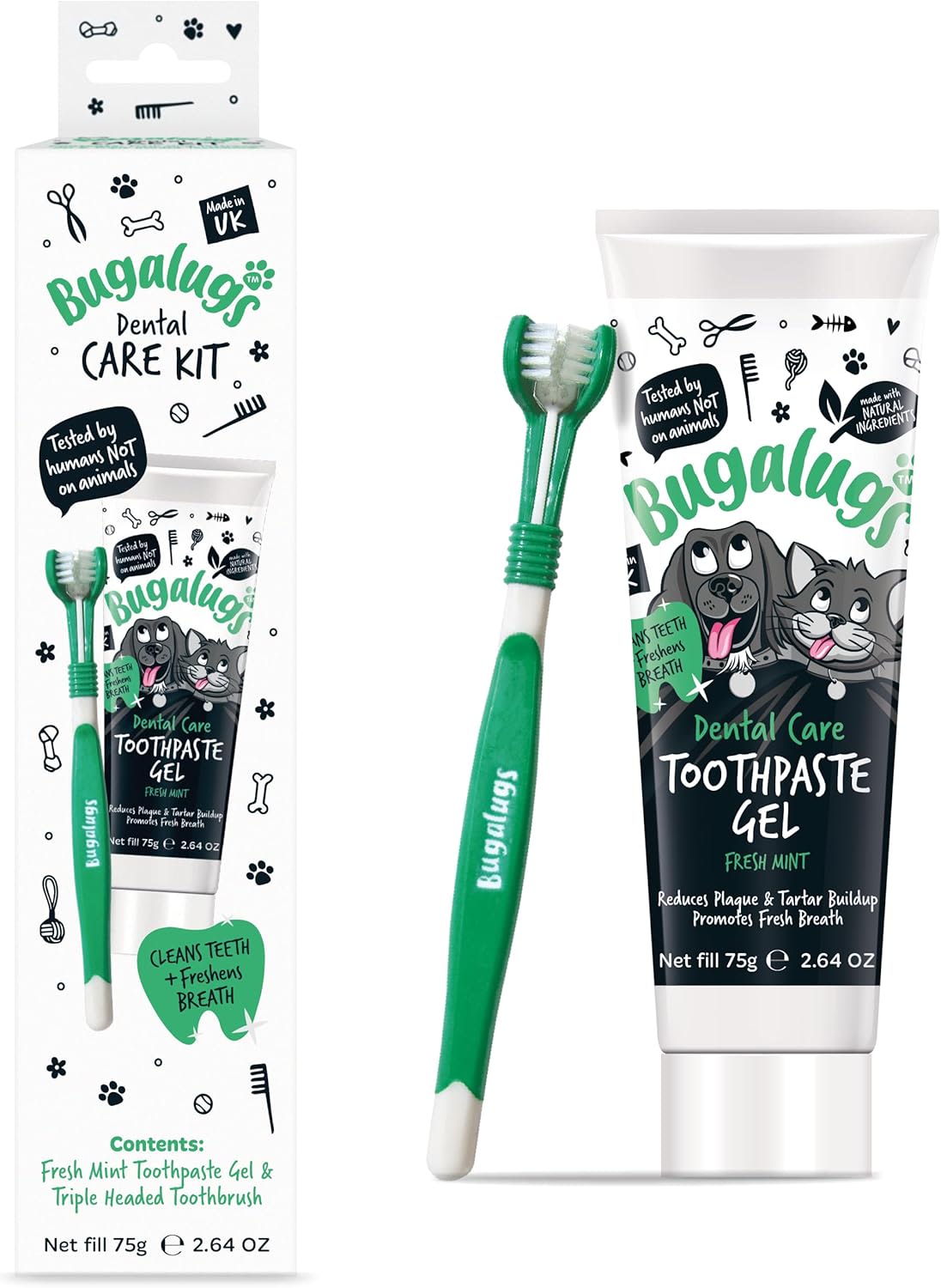 Bugalugs Mint Flavour Toothpaste Gel + Triple Headed Toothbrush - 75g